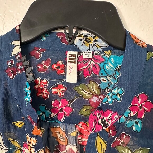 Kut From The Kloth Womens Floral Dark Teal Sheer Button-Up Blouse Size M - Picture 3 of 8